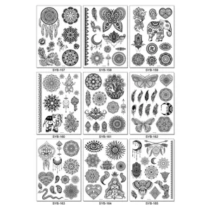 Temporary tattoo sticker sheets featuring mandala, henna lace and tribal black art designs.