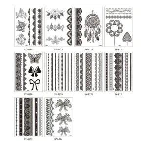 Black lace temporary tattoo stickers set, floral dreamcatcher geometric body art design.