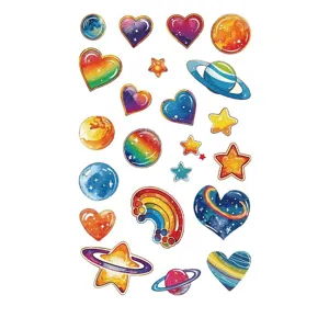 Kids waterproof temporary tattoo sheet with colorful watercolor space planets and stars.