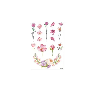 Watercolor floral temporary tattoo stickers, pink rose and cherry blossom body art design for women.