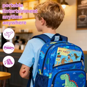 Kids temporary tattoo sticker book set, portable dinosaur cartoon design for boys and girls.