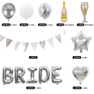 Bridal shower party decoration balloon set featuring latex balloons, foil bottles, and BRIDE letters.
