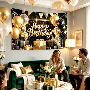 Birthday Party Backdrop Black Gold Balloons Gift Box Photography Hanging Banner Decor