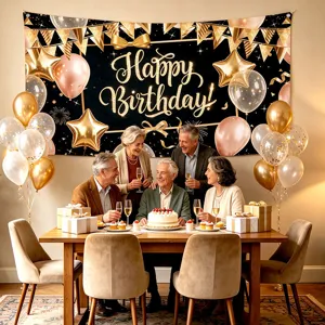 Happy birthday backdrop black and gold party photography hanging cloth decorative banner