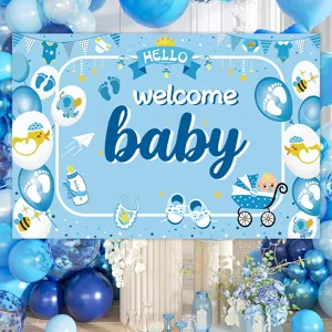 Blauwe Welcome Baby achtergrond banner voor pasgeboren feest, babyshower decoratie en fotorekwisiet.