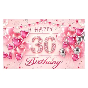Pink 30th birthday backdrop banner with heart balloons and sparkles for party photography decor.