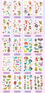 Autocollants de tatouage temporaire à paillettes dessin animé enfants animaux style