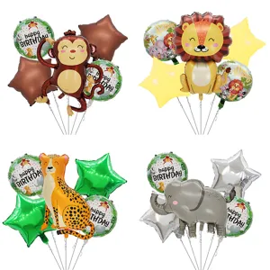 Jungle animal foil balloons 5-piece set, cute monkey lion elephant birthday party decor.