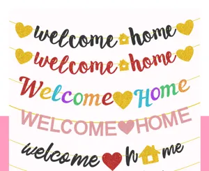 Detail view of glitter welcome home party banner styles, sparkling hanging garland decor.