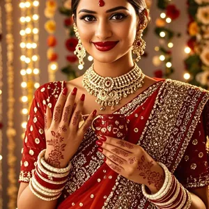 Traditional Indian bridal jewelry set with intricate henna tattoo design and red saree.