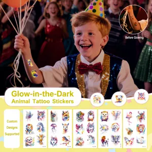 Adesivi per Tatuaggi Fluorescenti Luminosi per Bambini Cartone Animato Acquerello Animale Modello Decorazione del Corpo Temporanea per Festa