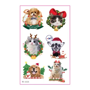 Weihnachtliche Haustier Tattoos mit süßen realistischen Katzen und Hunden für Kinder Aufkleber.