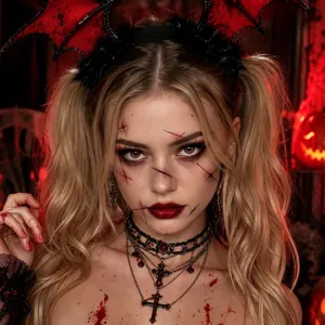 Adesivi realistici per tatuaggi viso con cicatrici di Halloween e fascia con ali di pipistrello.