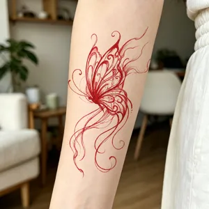 Adhesivo de tatuaje temporal de mariposa roja, arte corporal floral realista para brazo.