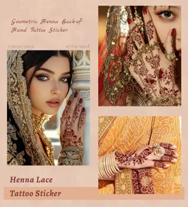 Detailed view of geometric henna back hand lace tattoo sticker, intricate red floral pattern.