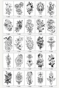 Detailed view of black and white sketch temporary tattoo sheets featuring various floral and animal designs.