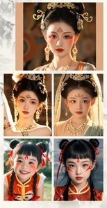 Vue détaillée des autocollants de sourcils de style Dunhuang et bijoux de visage Hanfu.