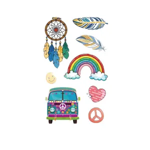 Boho hippie temporary tattoo sheet with dreamcatcher, feathers, retro van and rainbow designs.