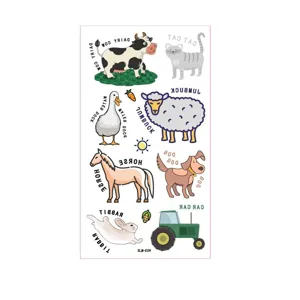 Kids farm animal temporary tattoo sheet featuring cute cartoon cow sheep and tractor designs.
