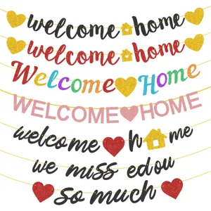 Glitter Welcome Home Letter Paper Banner Heart House Garland For Family Party Celebration Backdrop Decor Sign
