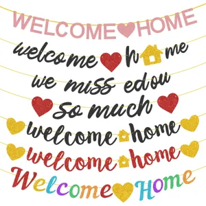 Colorful glitter welcome home banner party decoration set with hearts and cute house shapes.