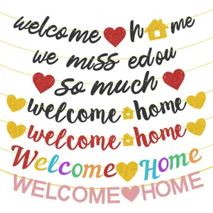 Glitter Welcome Home banner party decoration sets with colorful heart and house shapes.