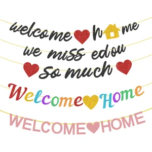 Colorful glitter welcome home banner set for party decorations and homecoming events.
