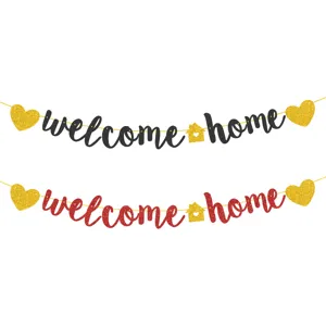 Glitter Welcome Home Banner Party Garland Hanging Decoration Set with Hearts and House Shapes