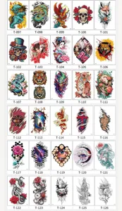 Detailed view of colorful temporary tattoo sticker sheets featuring various totem and animal designs.