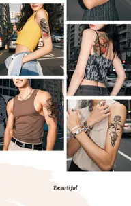 Detail view showing waterproof temporary tattoo stickers with colorful totems for men and women.