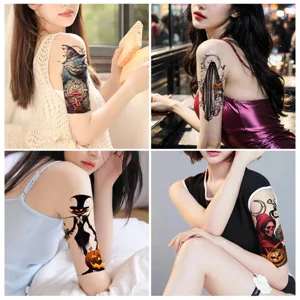 Halloween Dark Temporary Tattoo Stickers Waterproof Large Arm Sleeve Skull Pumpkin Bat Spider Ghost Body Art Fake Tattoo Decals for Party Cosplay