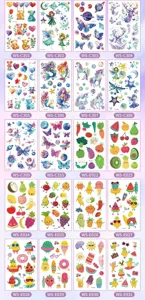 Feuille de catalogue détaillée de tatouages temporaires à paillettes avec des motifs d'animaux.