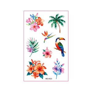 Watercolor tropical temporary tattoo stickers for wedding decoration, flower and bird design.