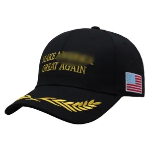 Classic cotton baseball hat with golden embroidery wheat and American flag patch detail.