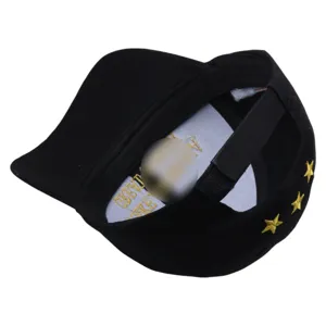 Classic black cotton baseball cap featuring gold star embroidery and an adjustable back strap.