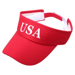 Rote Sonnenblende Kappe Detailansicht, gebogener Schirm mit USA Aufdruck, verstellbarer Gurt.