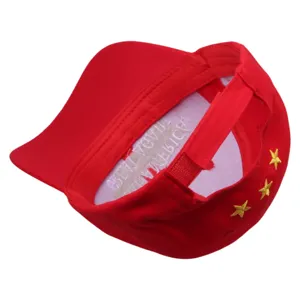 Red cotton baseball cap with embroidered stars and back strap, classic casual hat.