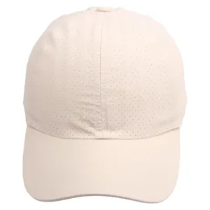 Detail van de ademende geperforeerde sportbaseballcap, lichtgewicht sneldrogende stof beige.