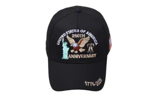 Detail view of black US 250th anniversary embroidered baseball cap with eagle and flag.