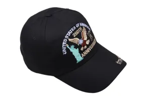 Close-up detail of black baseball cap with US 250th anniversary embroidery and Statue of Liberty.