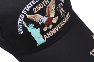 Close-up detail of the embroidered American 250th anniversary pattern on a black baseball hat.