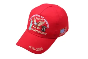 Red baseball cap embroidered with US 250th anniversary design, perfect for outdoor sun protection.