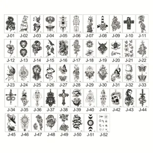 Tijdelijke tattoo vel met verschillende zwarte en witte bloemige en geometrische patronen design