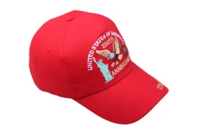Red baseball cap with detailed embroidery celebrating the United States 250th anniversary.