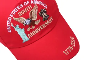 Detailed view of the red embroidered US 250th anniversary baseball cap outdoor sun protection hat