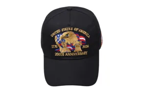 Black cotton baseball cap featuring US 250th anniversary embroidery and eagle detail.
