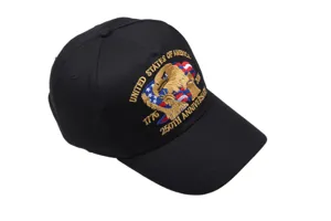 Black baseball cap featuring USA 250th anniversary embroidery, cotton dad hat for men women.