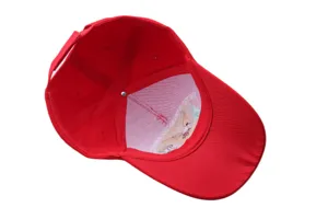 Red baseball cap with US independence day embroidery interior design, outdoor sun protection.