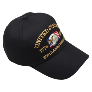 Casquette de baseball brodée en coton noir avec design d'anniversaire et aigle américain.