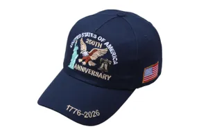 US 250th anniversary embroidered baseball cap, navy blue patriotic outdoor sun hat.